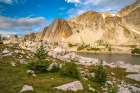 USA, Wyoming, Medicine Bow National Forest. Landscape with Lookout Lake and mountain. Art Print